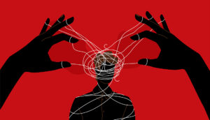 Manipulator concept vector illustration. Puppet master hands manipulate man mind, silhouette. Domination exploitation background. Mental control ropes.